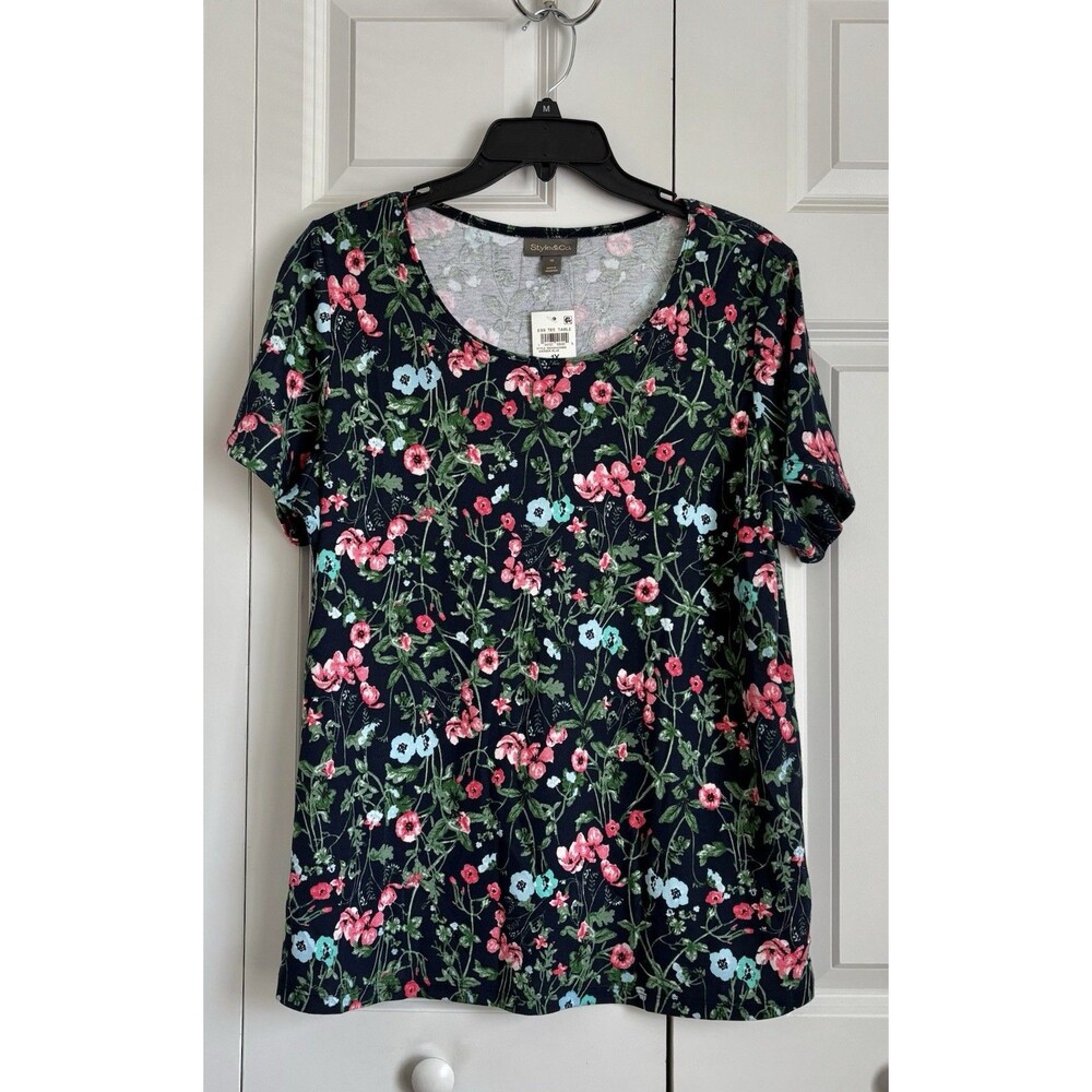 STYLE&CO Women's Top Scoop Neck Size 0X Black Floral Short Sleeve Cotton/Polyes